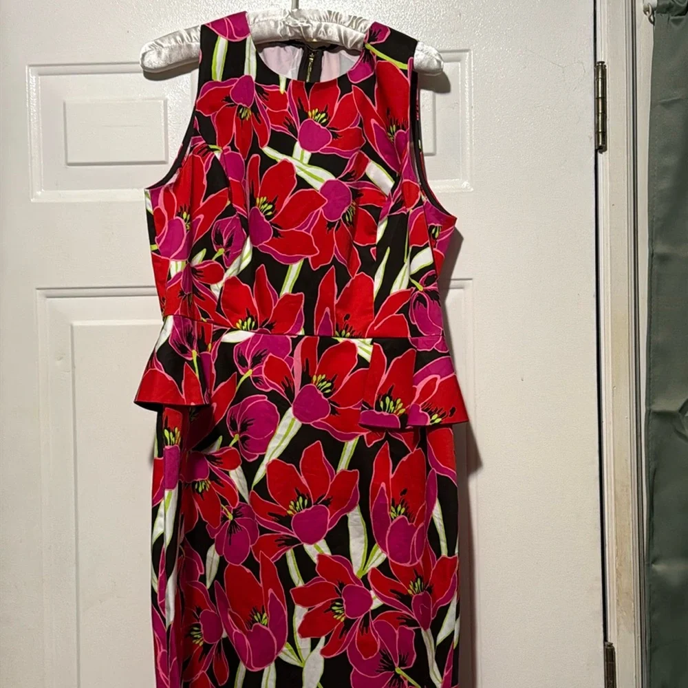 KATE SPADE Sz 14 RIO SLEEVELESS PEPLUM DRESS SHEATH Floral TROPICAL RED/PINK. - Picture 15 of 16